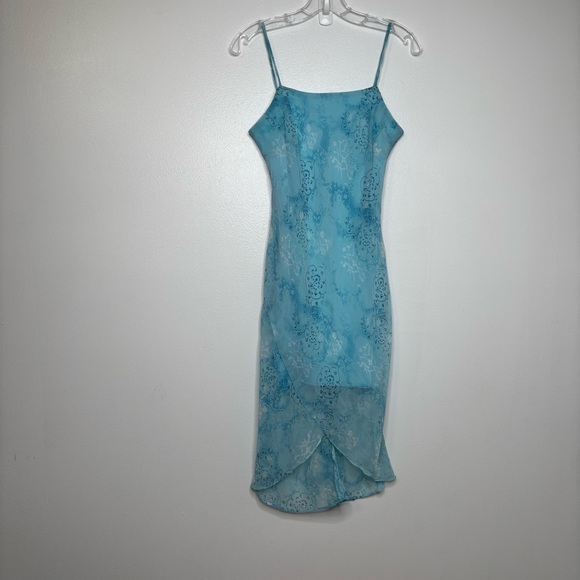 Forever 21 Vintage Blue Chiffon Slip Dress M Sheer Floral Y2K Tulip Hem USA - Picture 1 of 8